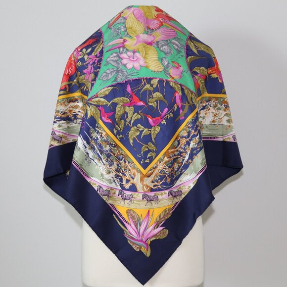 Auth Hermes "Tropiques" by Laurence Bourthoumieux silk scarf vtg Barely Used Con - Picture 2 of 12